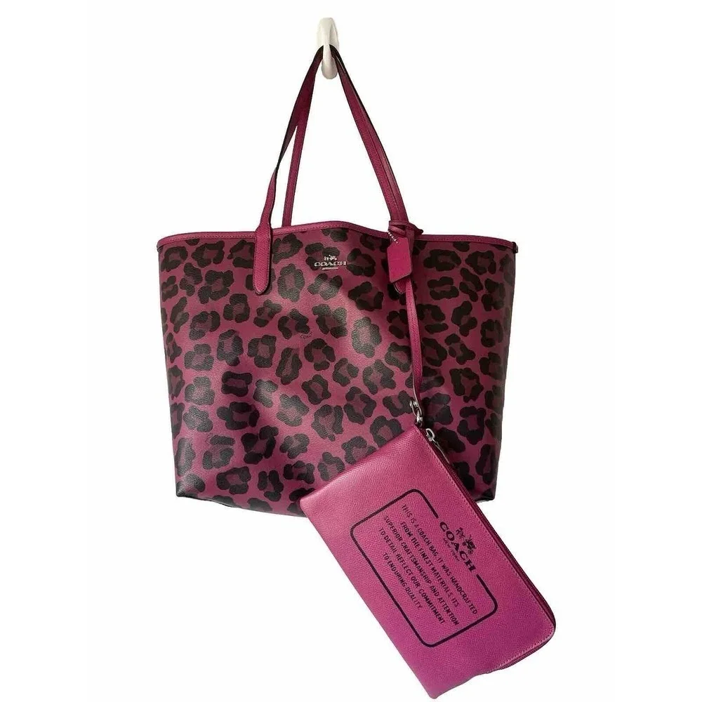SOLD Coach Tote Bag Pink Purse + Matching Wristlet Cheeta Print Vegan Leather - Picture 1 of 10